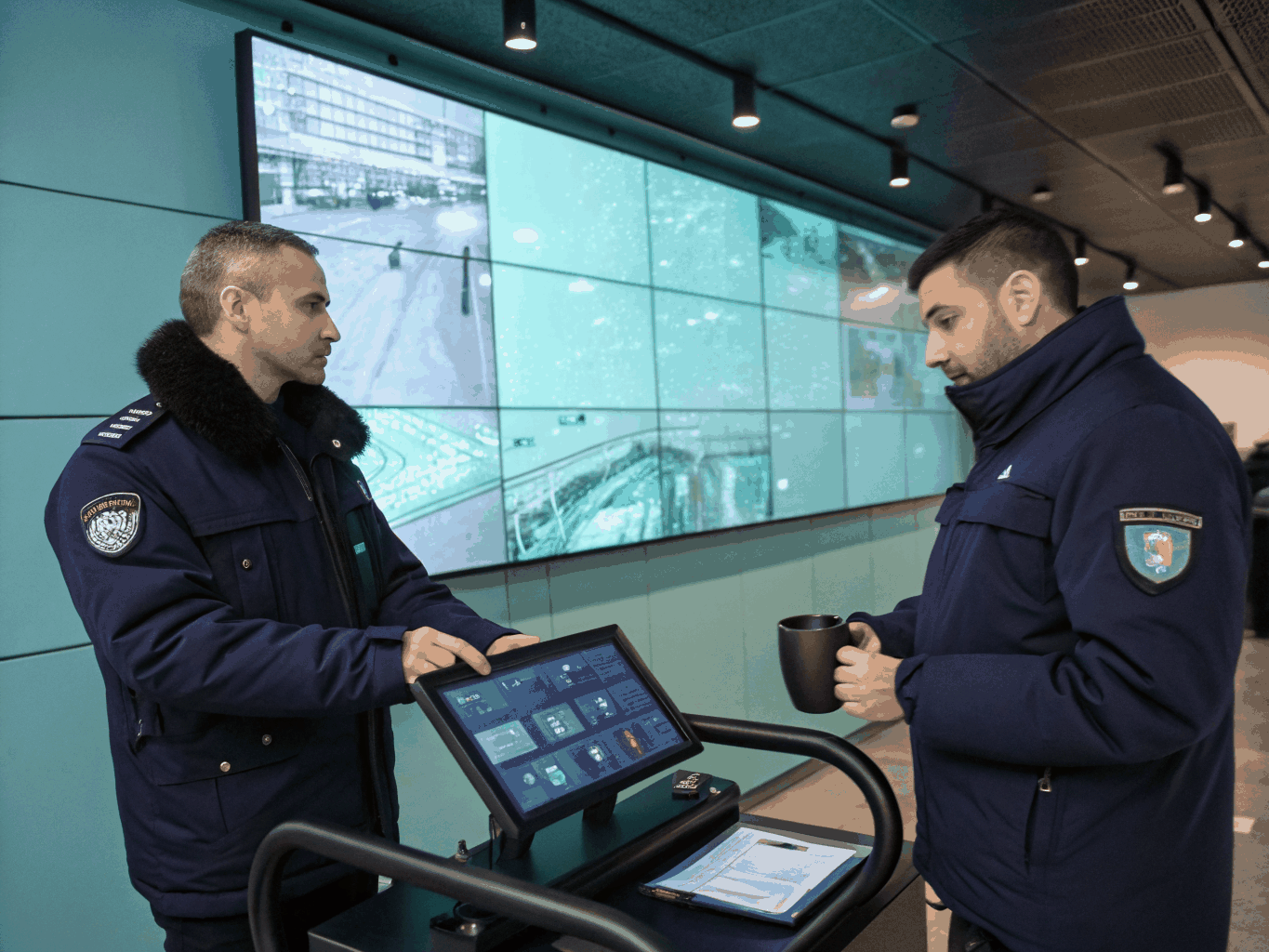Uniformed Copper Security field supervisor conducting an evening inspection with an officer at an industrial security gate