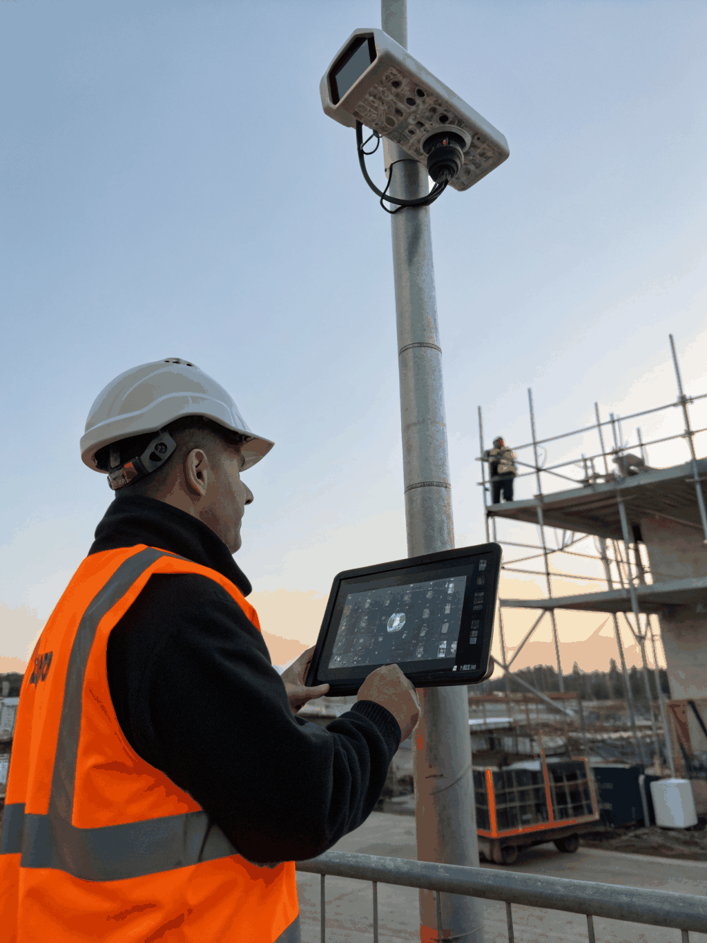 Field supervisor holding a rugged mobile tablet reviewing real-time GPS checkpoint logs on commercial property